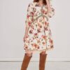 Beige Flared Floral Dress Blue Shadow