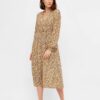 Beige Floral Midi Dress Pieces Gry - Women