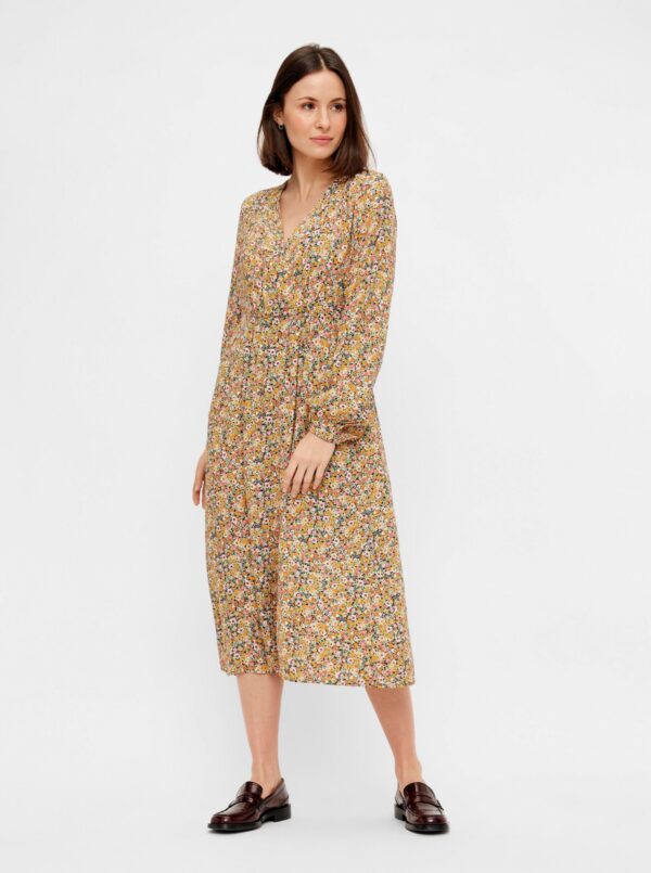 Beige Floral Midi Dress Pieces Gry - Women