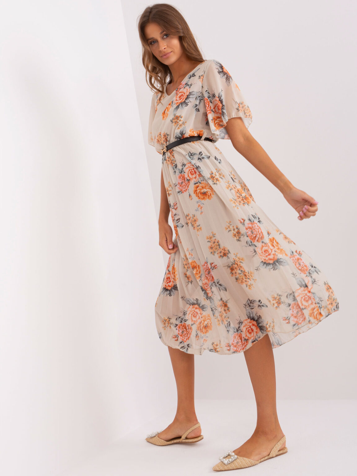 Beige floral midi dress with belt