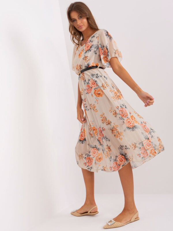 Beige floral midi dress with belt