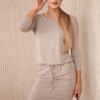 Beige viscose dress with a tie at the waist