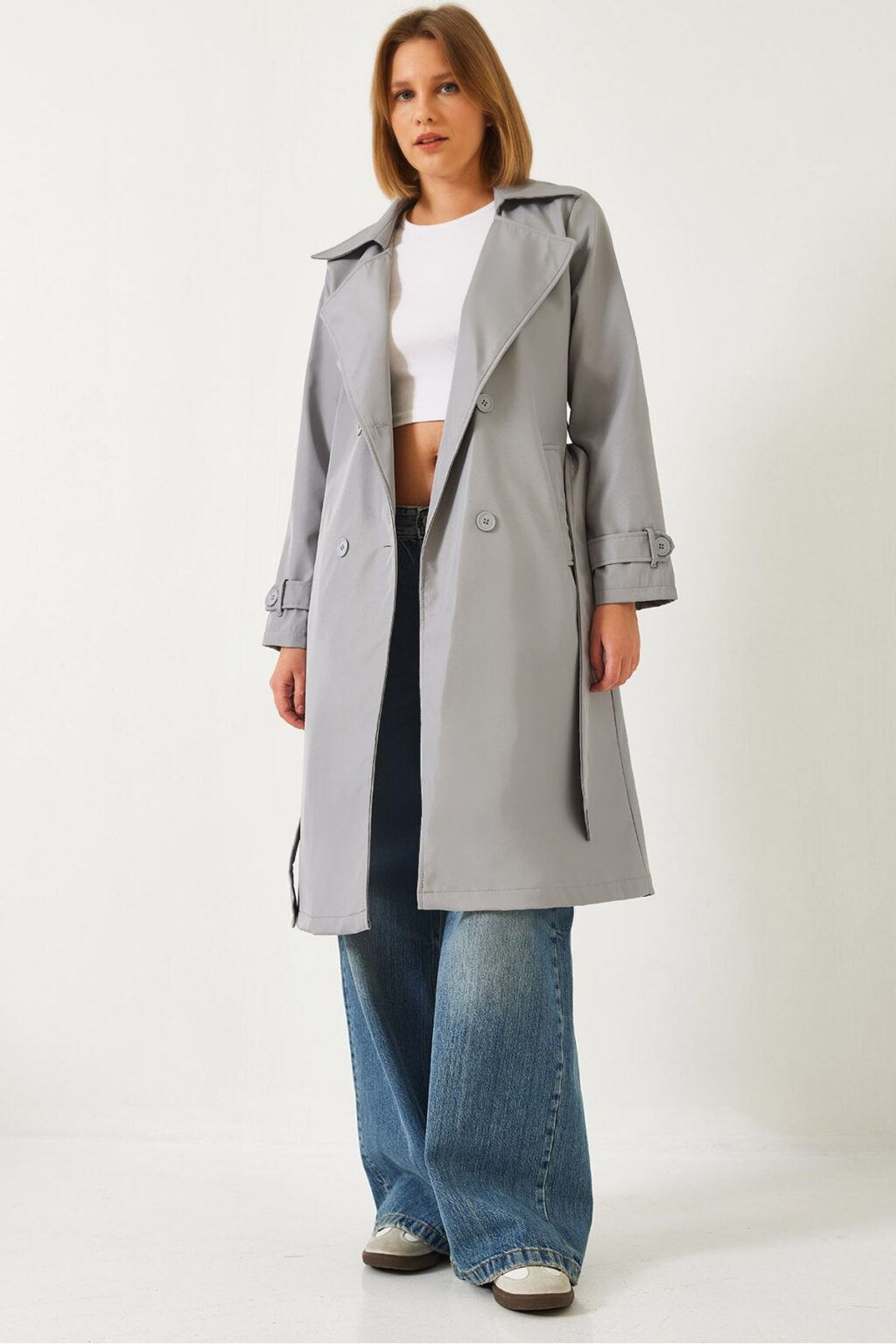 Bianco Lucci Women's Double Breasted Neckline Belted Trench Coat with Pockets 5918