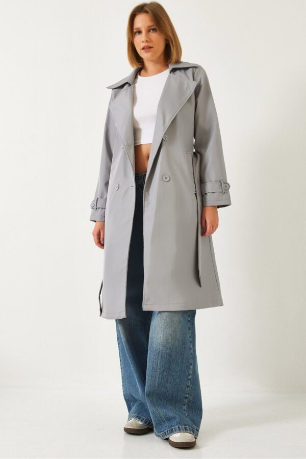 Bianco Lucci Women's Double Breasted Neckline Belted Trench Coat with Pockets 5918