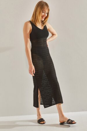 Bianco Lucci Women's V-Neck Slit Detailed Unlined Openwork Dress