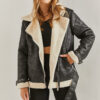 Bianco Lucci Women's Belted Laminated Suede Coat with Shearling Sleeves and Sheaths
