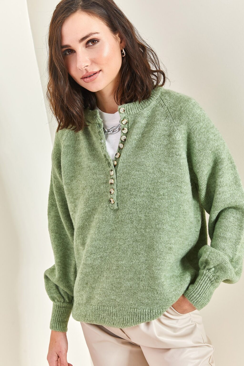 Bianco Lucci Women's Buttonhole Turtleneck Knitwear Sweater