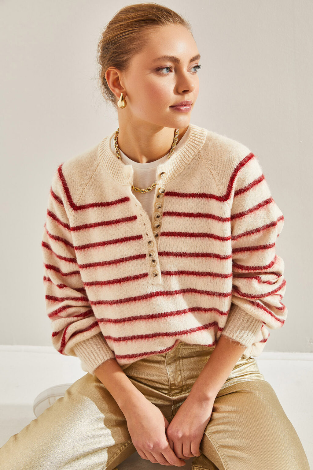 Bianco Lucci Women's Charmed Striped 11 Button Knitwear Sweater