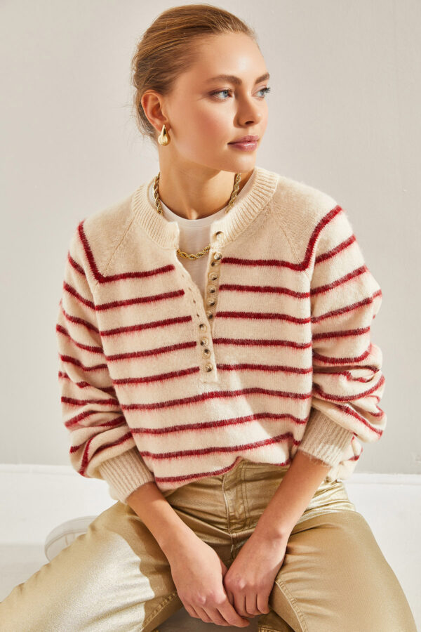 Bianco Lucci Women's Charmed Striped 11 Button Knitwear Sweater