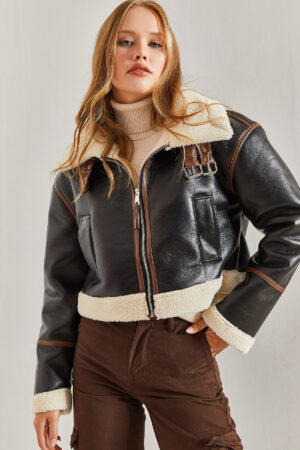 Bianco Lucci Women's Collar Belted Laminated Jacket