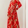 Bianco Lucci Women's Double-breasted Floral Patterned Pleated Belt Detailed Long Dress 1973