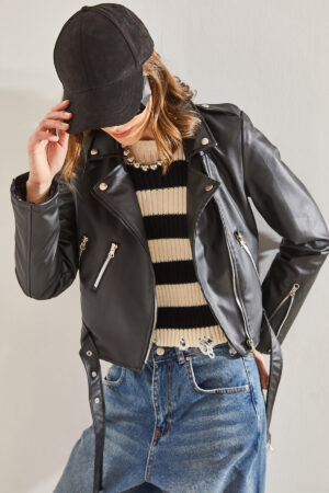Bianco Lucci Women's Leather Jacket with Epaulettes