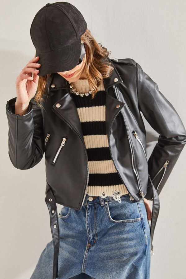 Bianco Lucci Women's Leather Jacket with Epaulettes