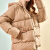 Bianco Lucci Women's Long puffer jacket with a Lace-up hood.