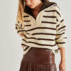 Bianco Lucci Women's Neck Shearling Fur Striped Zipper Knitwear Sweater