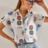 Bianco Lucci Women's Patterned Bat Sleeve Linen Shirt