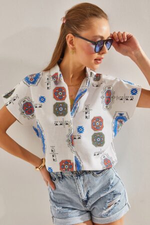 Bianco Lucci Women's Patterned Bat Sleeve Linen Shirt