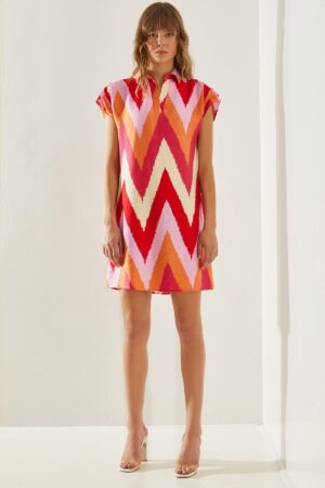 Bianco Lucci Women's Polo Collar Patterned Summer Dress Dress