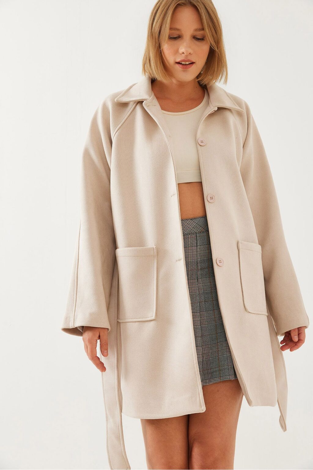 Bianco Lucci Women's Striped Lining Detail Belted Suede Trench Coat 2601