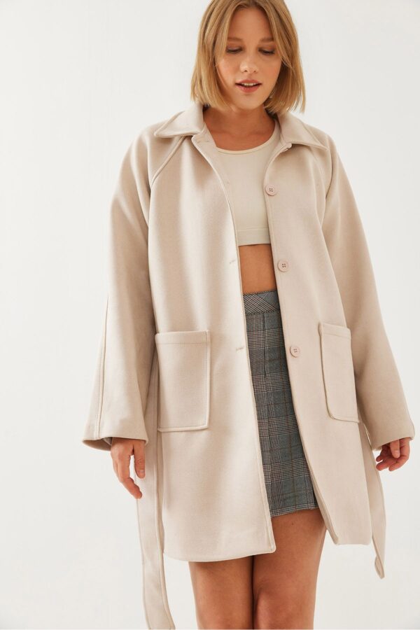 Bianco Lucci Women's Striped Lining Detail Belted Suede Trench Coat 2601