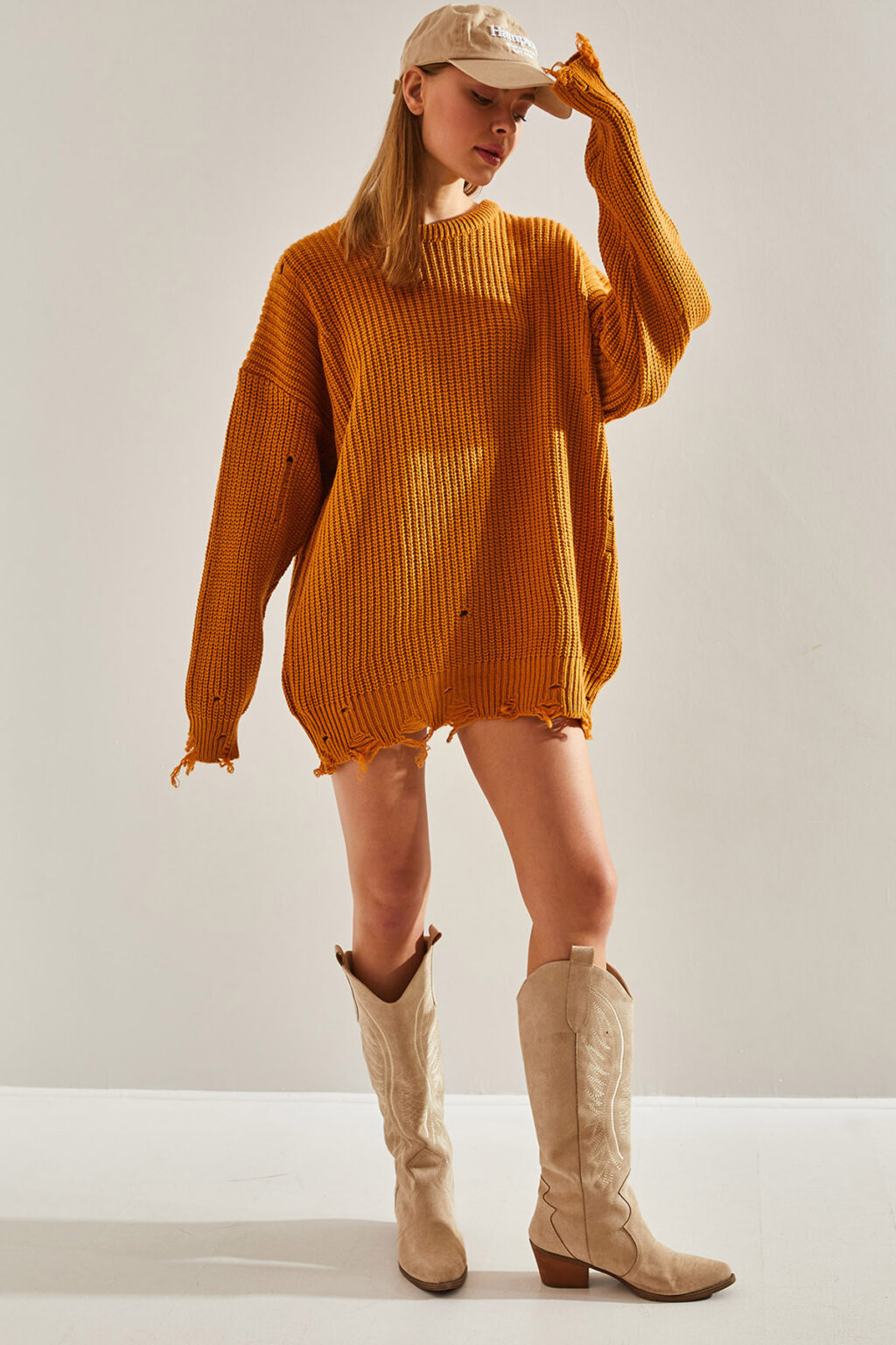 Bianco Lucci Women's Thessaloniki Knitted Openwork Detailed Oversize Knitwear Sweater