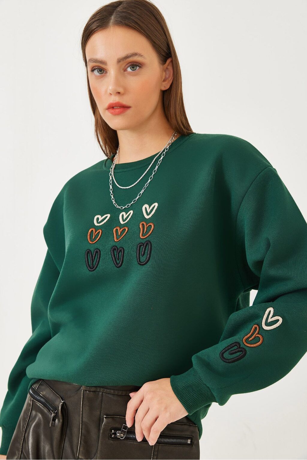 Bianco Lucci Women's Three Thread Raised Heart Printed Sweatshirt