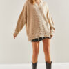 Bianco Lucci Women's V-Neck Ripped Patterned Knitwear Sweater