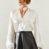 Bianco Lucci Women's V-Neck Shoulder Pleated Floral Accessory Satin Shirt 2310