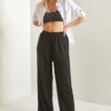 Bianco Lucci Women's Waist Belted Wide Leg Viscose Trousers Black
