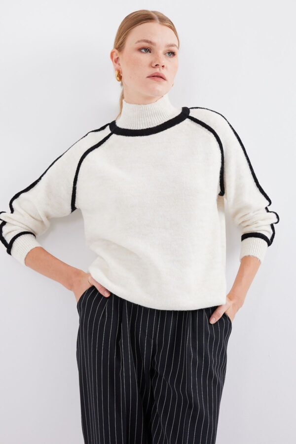 Bigdart 15879 Striped Oversize Knitwear Sweater - Ecru