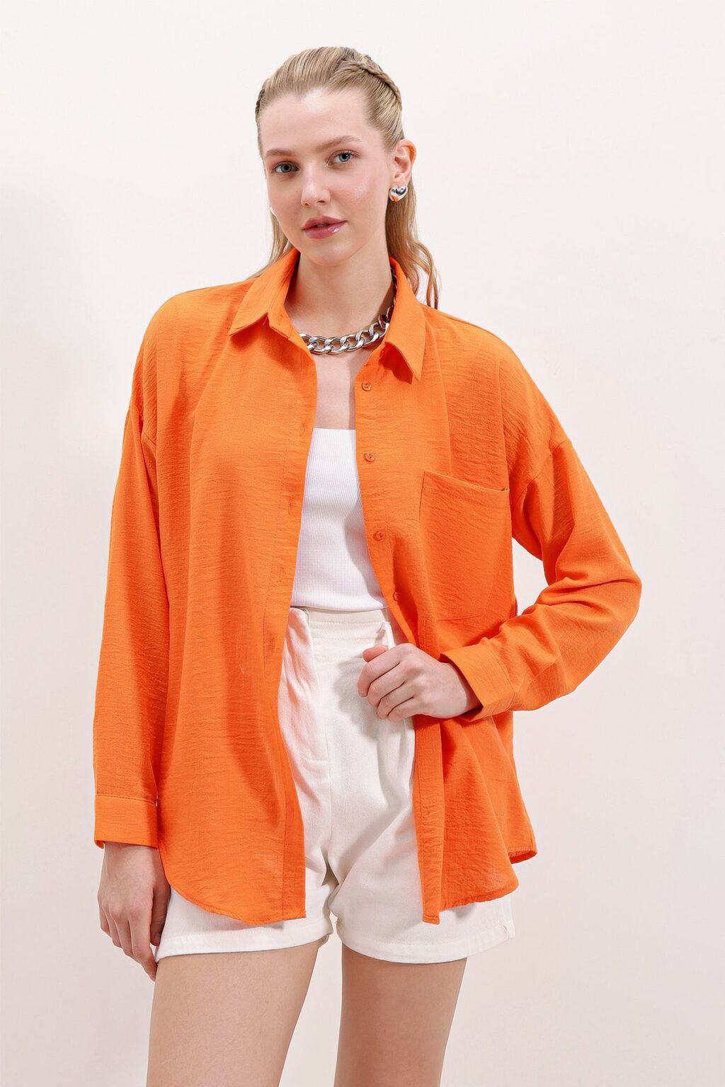 Bigdart 20153 Single Pocket Oversize Linen Shirt - Orange
