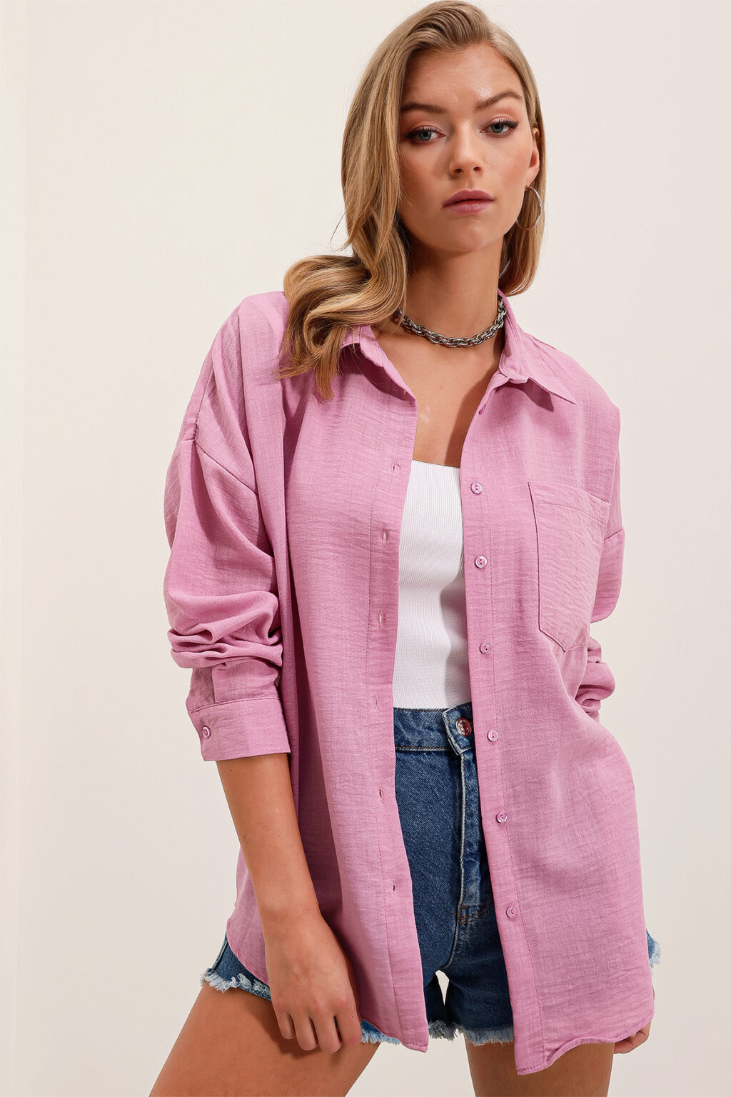 Bigdart 20153 Single Pocket Oversize Linen Shirt - Powder
