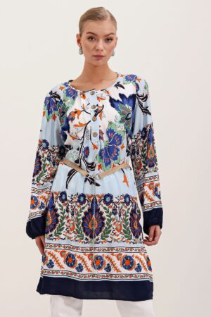 Bigdart 5902 Belted Patterned Dress - Navy Blue