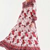 Bigdart Women's Red Sleeve Gathered Robe Floral Pattern Dress