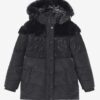Black Girls' Patterned Winter Jacket with Hood and Faux Fur Desigual Kid - Girls