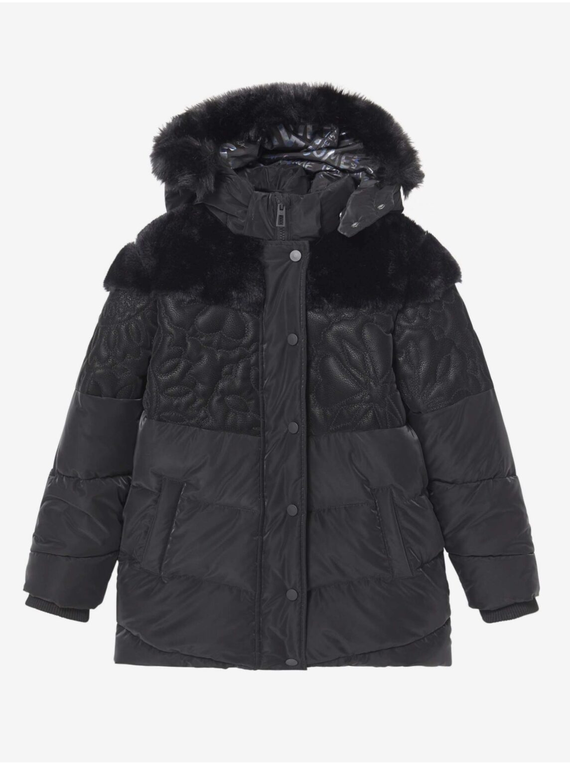 Black Girls' Patterned Winter Jacket with Hood and Faux Fur Desigual Kid - Girls
