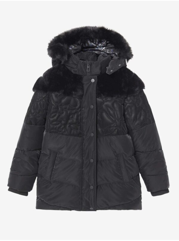 Black Girls' Patterned Winter Jacket with Hood and Faux Fur Desigual Kid - Girls