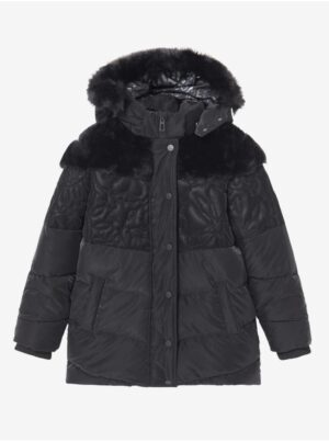 Black Girls' Patterned Winter Jacket with Hood and Faux Fur Desigual Kid - Girls