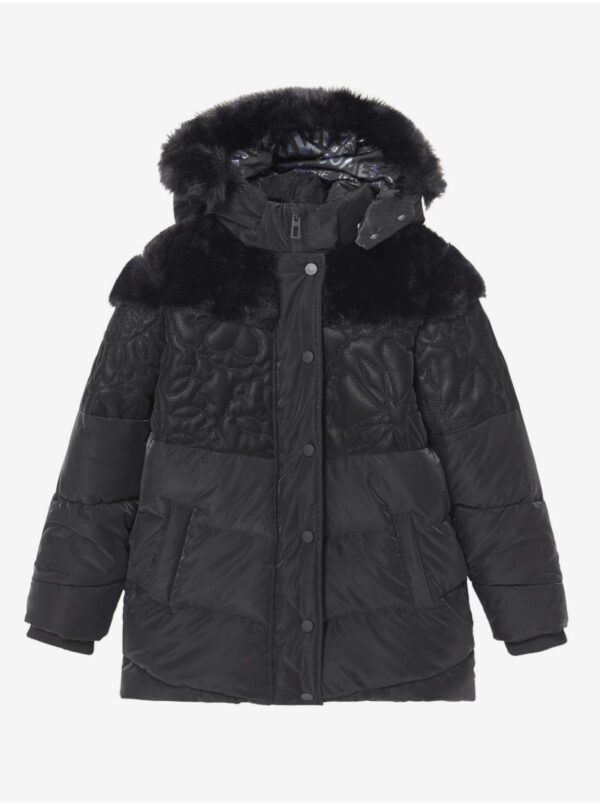 Black Girls' Patterned Winter Jacket with Hood and Faux Fur Desigual Kid - Girls