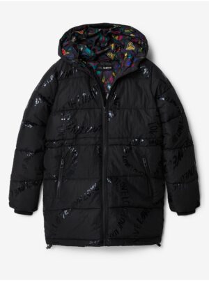Black Girly Winter Quilted Coat Desigual Letters - Girls