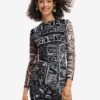 Black Women Patterned Pencil Mini Dress Desigual Lettering - Women
