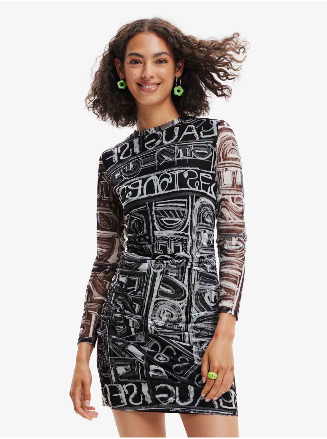 Black Women Patterned Pencil Mini Dress Desigual Lettering - Women
