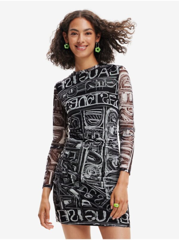 Black Women Patterned Pencil Mini Dress Desigual Lettering - Women