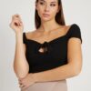 Black Women's Ribbed Cropped T-Shirt with Bow Guess Valeriana - Women