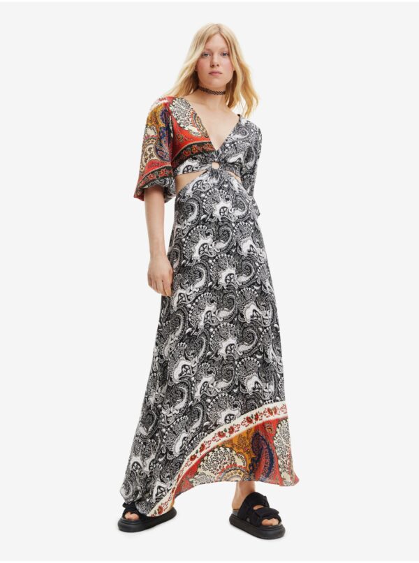 Black and white women's patterned maxi dress with cutouts Desigual Sirsal - Women