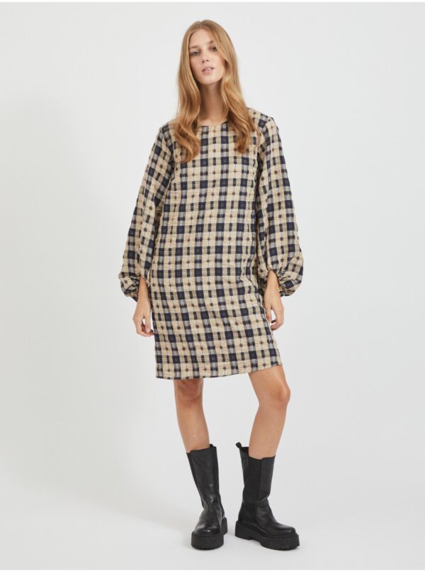 Black-beige ladies plaid dress with balloon sleeves VILA Demi - Ladies