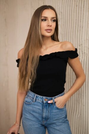 Black blouse with ruffles over the shoulder