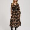 Black dress with flared bottoms and floral print