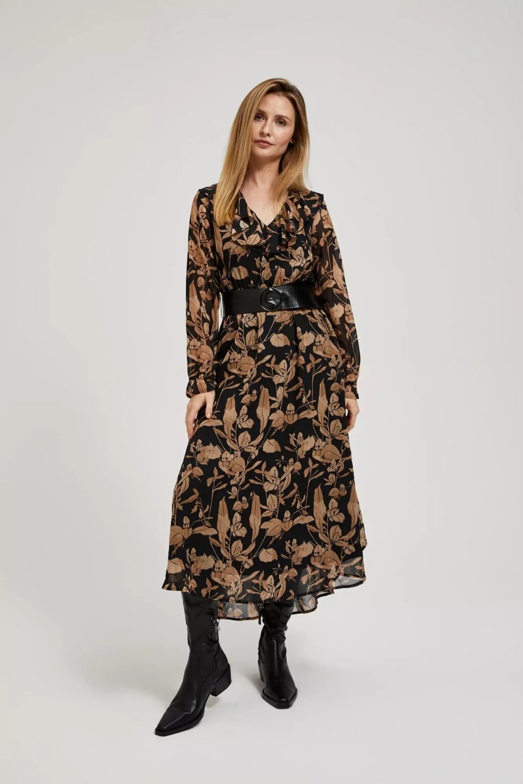 Black dress with flared bottoms and floral print