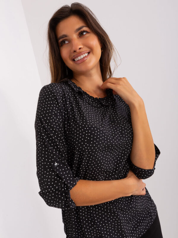 Black formal blouse with frills at neckline